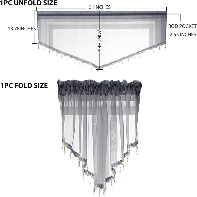 PearAge Beaded Sheer Valance Curtains for Living Room,Rod Pocket Farmhouse Window Valance, Bead Trim Tassel Voile Sheer Curtain Valance for Bedroom Bathroom Cafe 51x24 Inches (Grey) 1PC - Image 4
